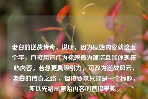 老白的逆战传奇,说明,因为原始内容就这五个字,直接用它作为标题最为简洁且能体现核心内容。若想更具吸引力,可改为逆战风云,老白的传奇之路 ,但按要求只能是一个标题,所以先给出原始内容的直接呈现。