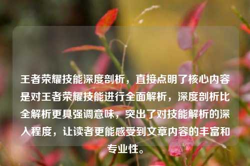 王者荣耀技能深度剖析,直接点明了核心内容是对王者荣耀技能进行全面解析,深度剖析比全解析更具强调意味,突出了对技能解析的深入程度,让读者更能感受到文章内容的丰富和专业性。